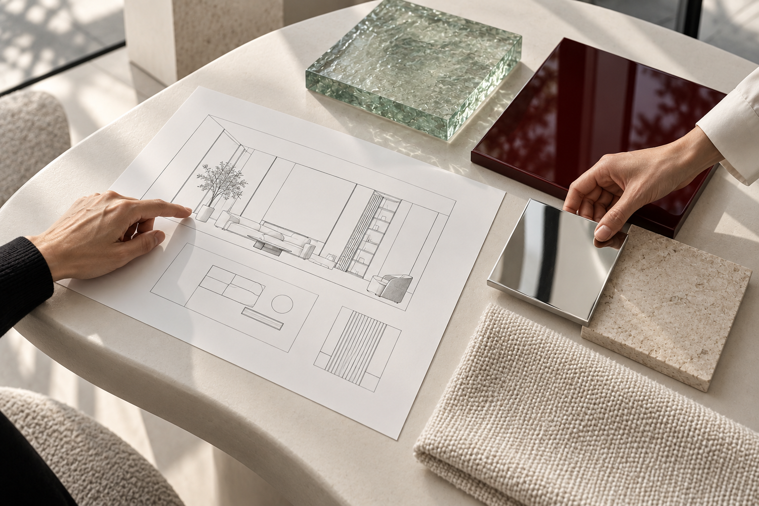 Illustration of hands discussing an interior drawing alongside stone, glass, fabric and metal samples.