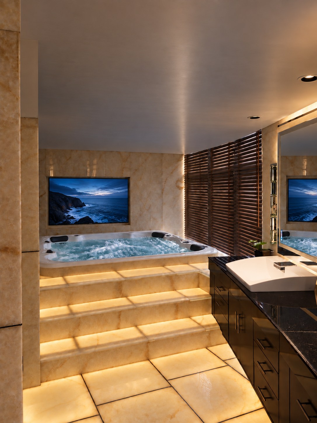 Editorial visualization of the operating mini-pool, television and evenly illuminated onyx steps.