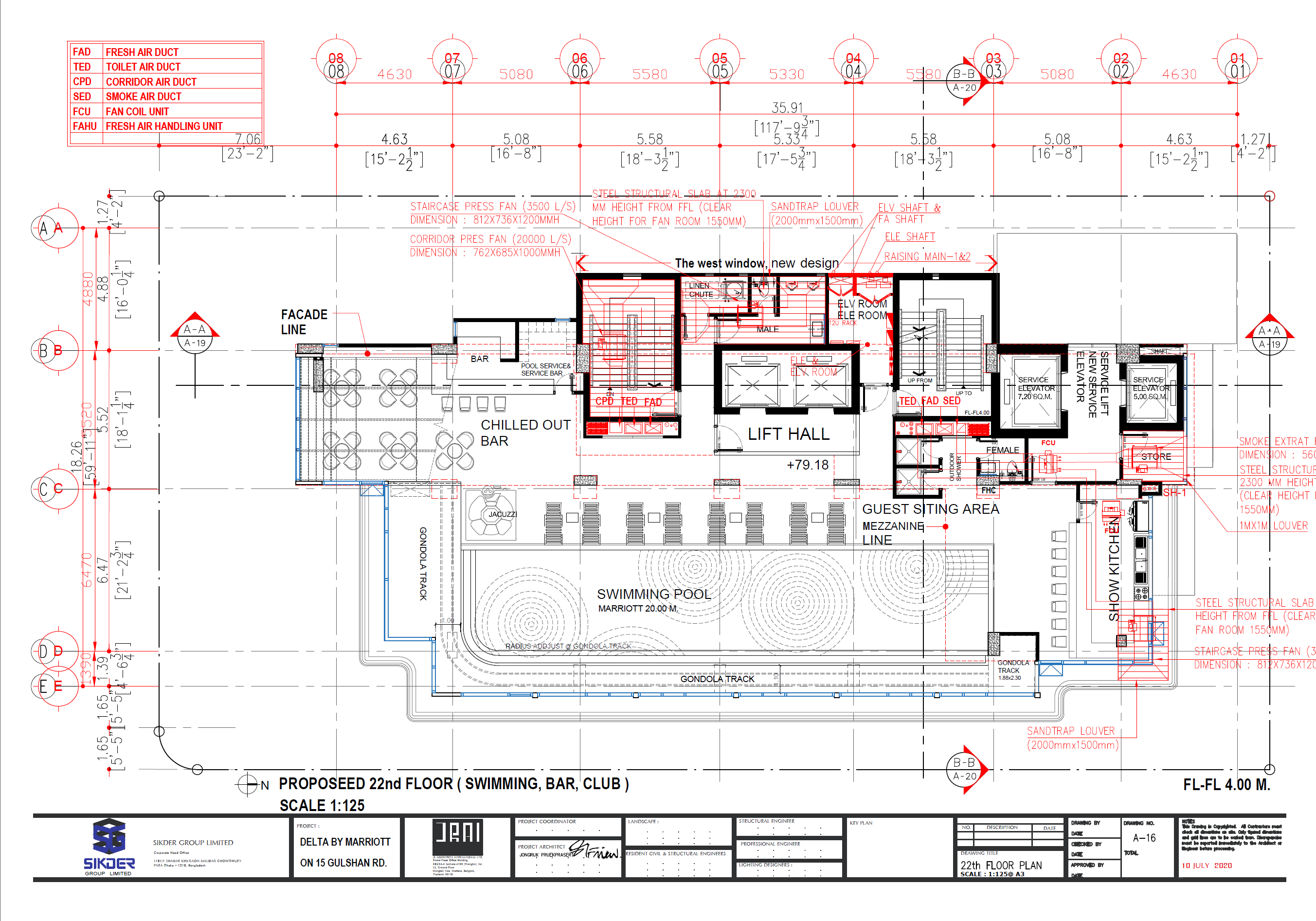 Delta Marriott pool and bar floor plan with building-services coordination overlays. Drawing by JRAI, July 2020.