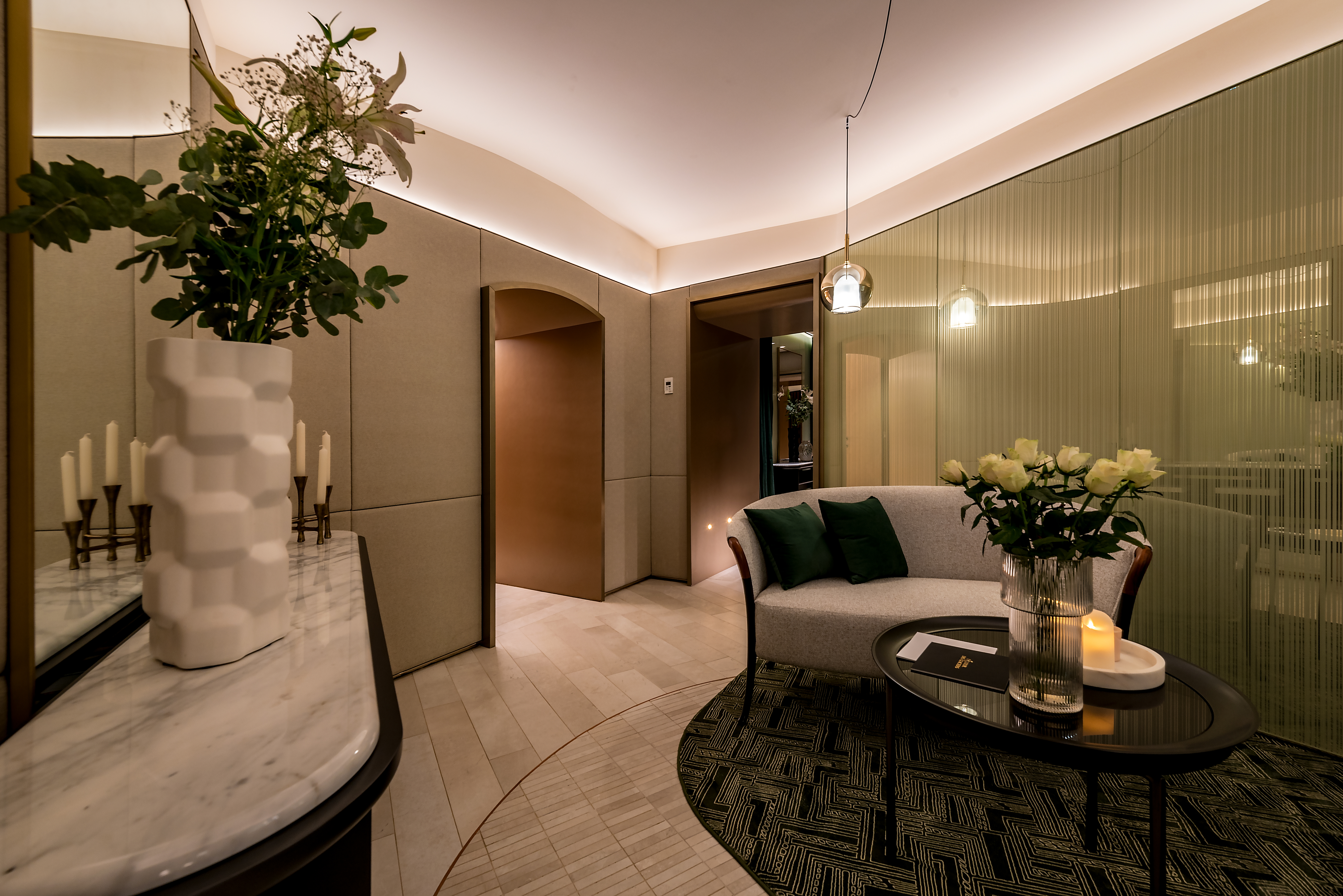 Reception lounge and fluted glass partition