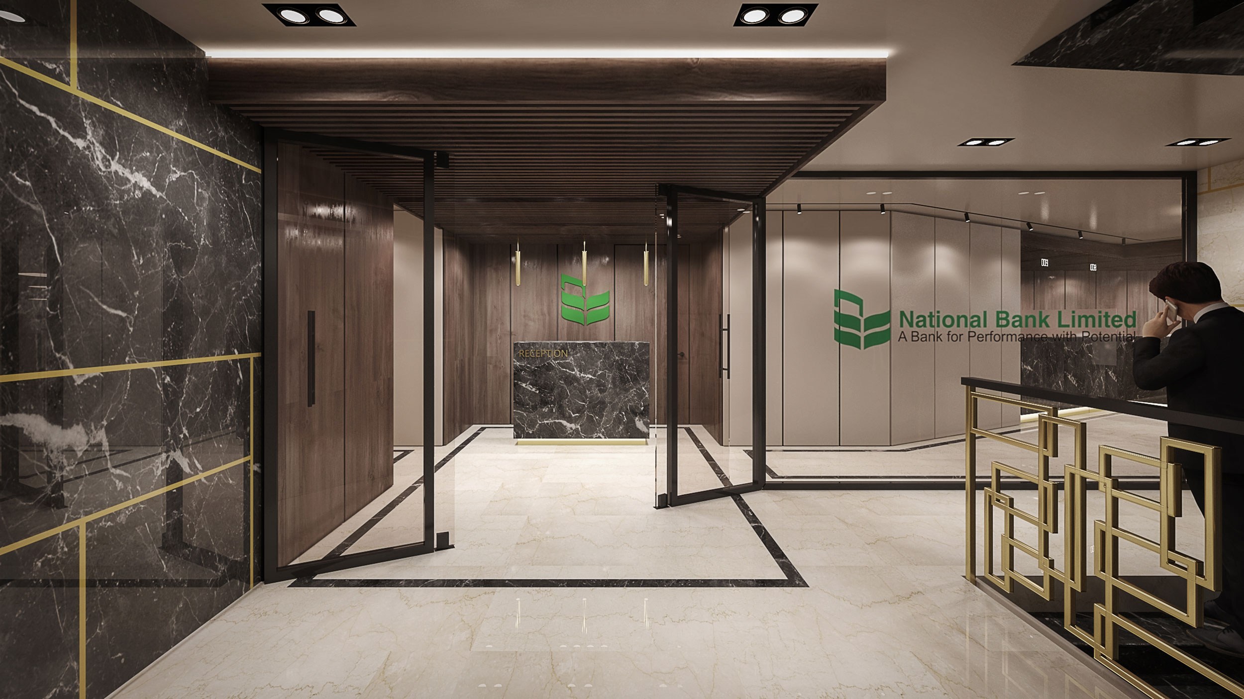 National Bank Limited entrance and reception, design visualisation.