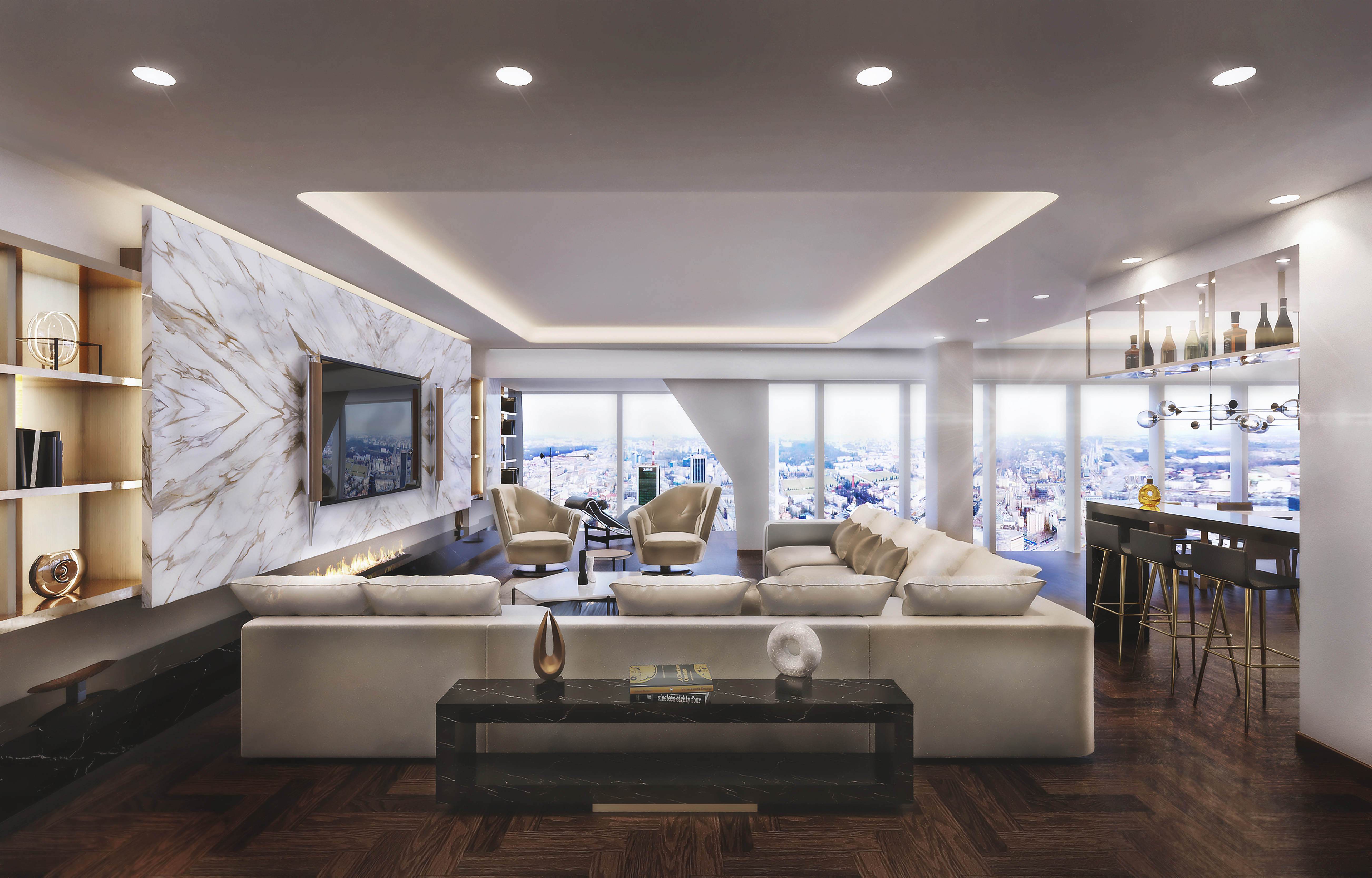 Złota 44 private apartment, Warsaw. Design visualisation of the living room, bar and panoramic city views.